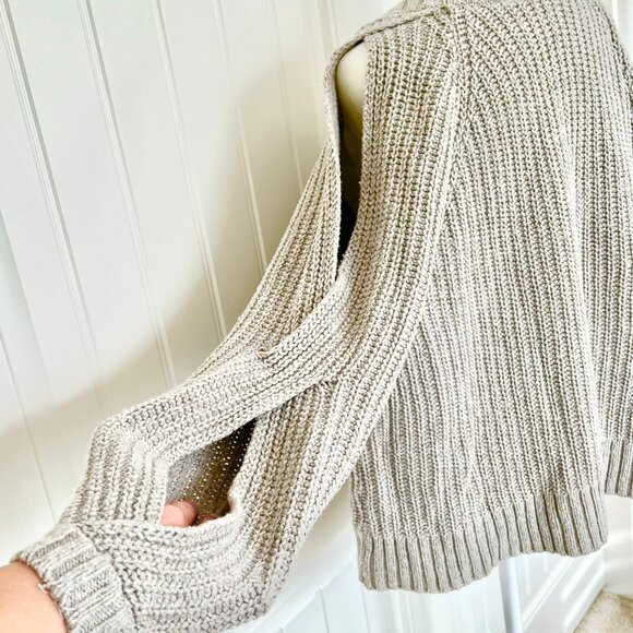 LEITH Nordstrom Chunky Taupe Wool Blend Knit Double Cutout Long Sleeve Sweater - Picture 7 of 10